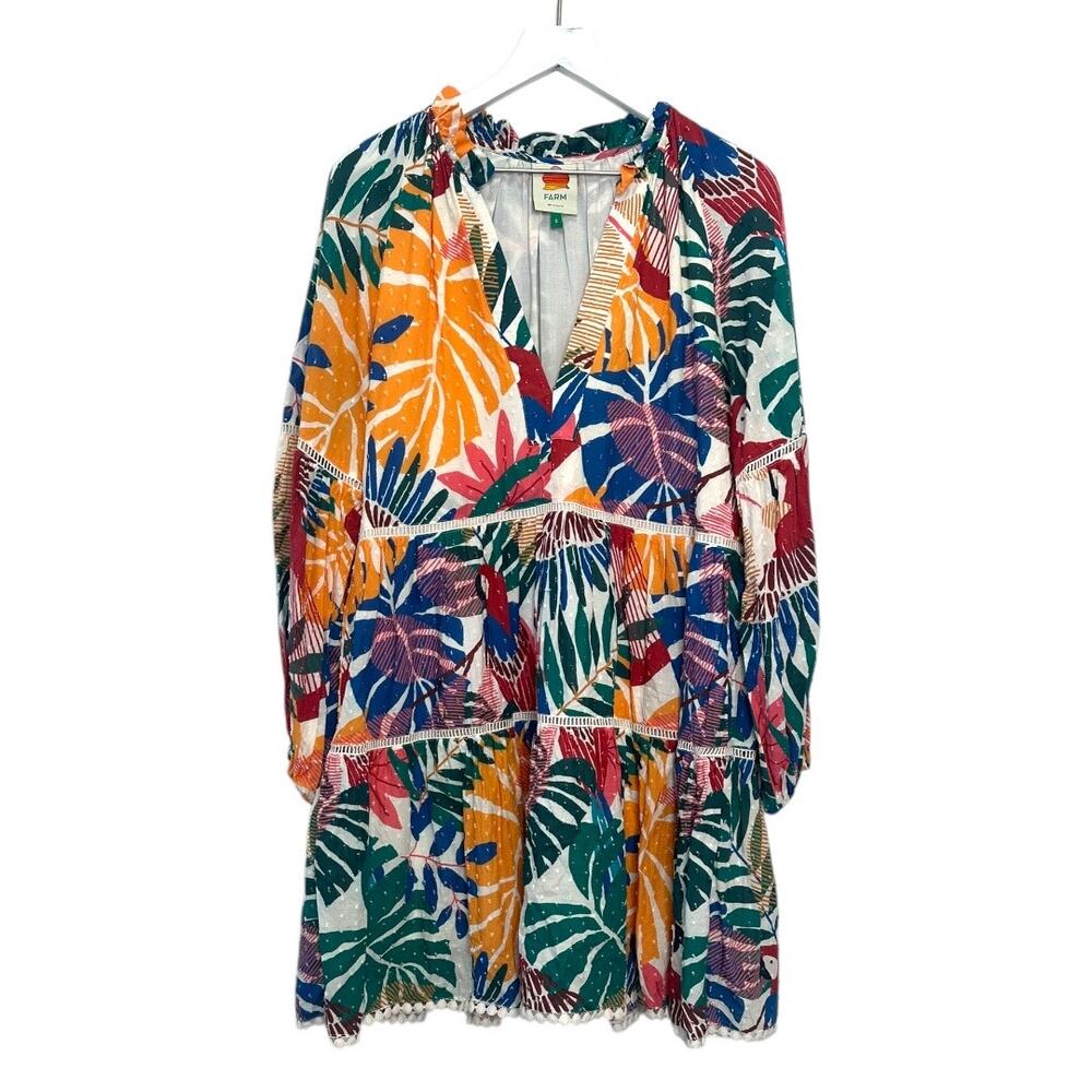 FARM Rio Tropical Parrot Leaf Print Tiered Mini Dress Size Small